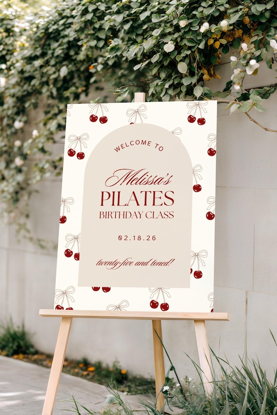 Pilates Birthday Party Class Welcome Sign, Burgundy Cherry Bows Coquette Theme, Editable Canva Template, Digital Download