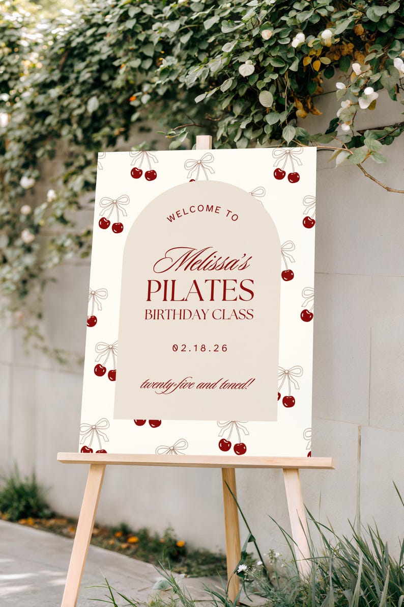 Pilates Birthday Party Class Welcome Sign, Burgundy Cherry Bows Coquette Theme, Editable Canva Template, Digital Download image 1