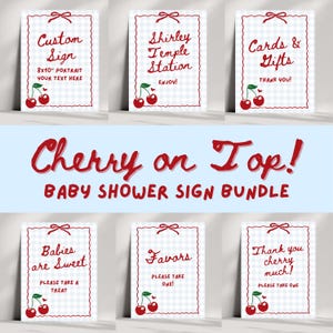Könnte beinhalten: Ein Babyparty-Schild-Bundle mit Kirsch-Thema. Die Schilder haben ein Vichy-Muster und roten Text. Die Schilder enthalten Sätze wie "Custom Sign", "Shirley Temple Station" und "Cards & Gifts".