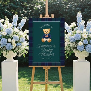 Letrero de bienvenida para baby shower de Polo Ralph Lauren: Diseño clásico de oso a cuadros (plantilla editable, descarga digital)