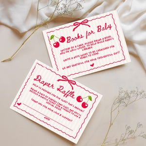 Rifa de pañales y libros para baby shower "Ella es la cereza del pastel" para tarjetas de bebé, tema de baby shower de cerezas, plantilla editable de Canva.