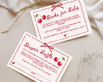 She's the Cherry on Top Baby Shower Diaper Raffle and Books for Baby Cards, Cherries Baby Shower Theme, Editable Canva Template