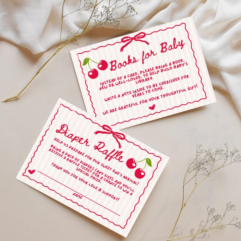 she is the cherry on top baby shower invite theme diaper raffle and books for baby card set