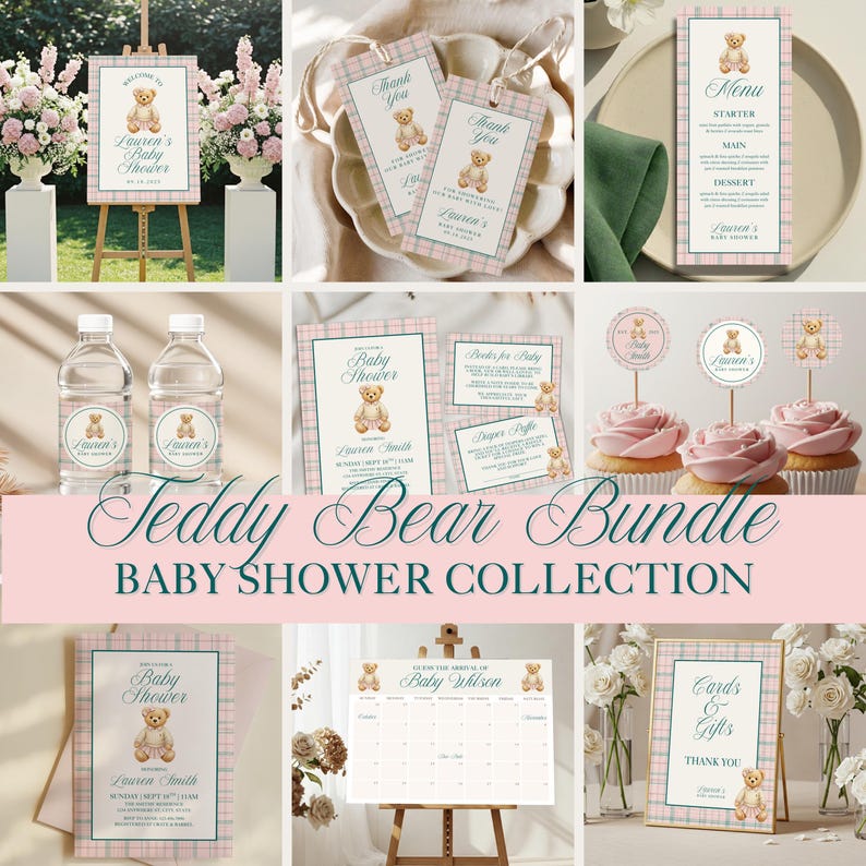 May include: A collection of baby shower decorations with a teddy bear theme. Includes invitations, menu cards, water bottle labels, cupcake toppers, and a welcome sign. The color scheme is pink and white plaid.