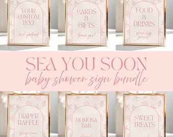 Sea You Soon Baby Shower Table Sign Bundle, She'll Be Here Soon Seashell Theme, Coastal Baby Shower Decor, Editable Canva Template