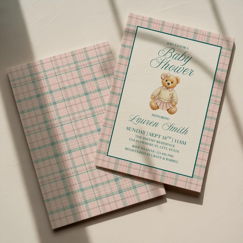 Polo Ralph Lauren Girl Baby Shower Bundle: Pink Plaid Theme Invite