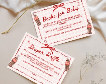 Sorteo de pañales y libros para baby shower "Está lista para usar", tarjetas para bebé, tema de baby shower de refresco, plantilla editable de Canva para baby shower de cola