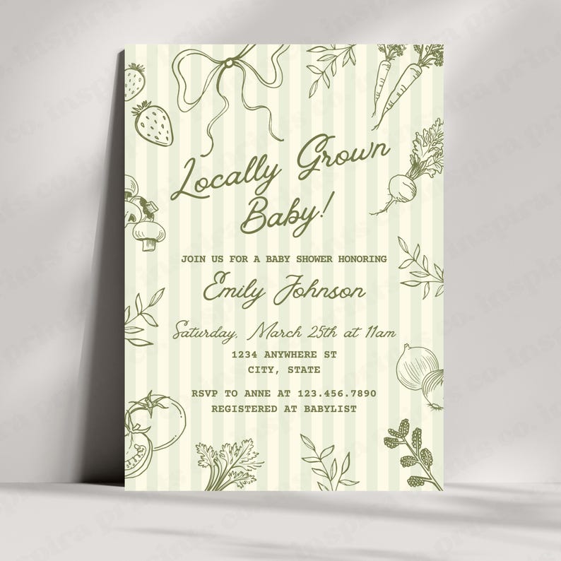 May include: A baby shower invitation with a cream background and vertical stripes. The text "Locally Grown Baby!" is displayed in a whimsical font. The invitation includes illustrations of vegetables and fruits, such as carrots, strawberries, and onions.