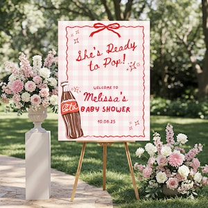 Sie ist bereit für die Babyparty, Soda Pop-Babyparty-Thema Willkommen, Cola-Babyparty, bearbeitbare Canva-Vorlage, sofortiger Download