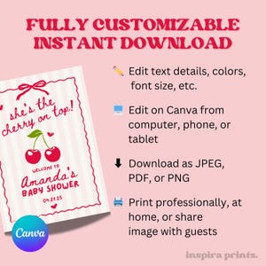 May include: A pink and white striped printable baby shower invitation with a cherry on top design. The text reads "She's the cherry on top!" and "Welcome to Amanda's Baby Shower 04.21.25".