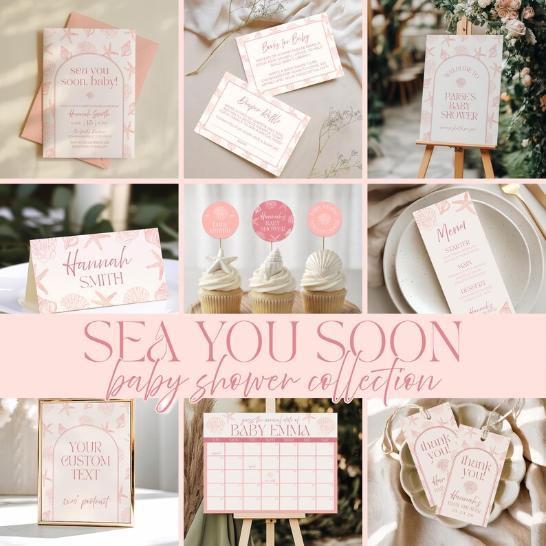 Sea You Soon Baby Shower Invite, Pink Seashell Coastal Theme, Beach Baby Girl Shower, Editable Canva Template, Digital Download image 7