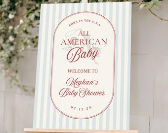 All American Baby Shower Welcome Sign, Vintage Americana Theme, Patriotic Red, White and Due Decor, Editable Template, Digital Download