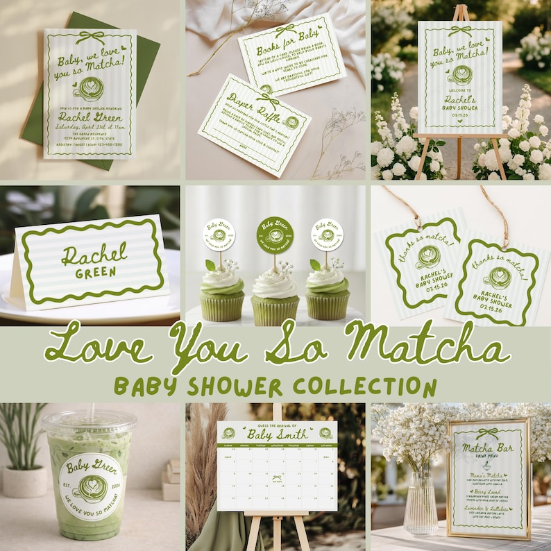 We Love You So Matcha Baby Shower Invite and Decor Bundle