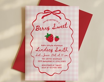 Berry Sweet Baby Shower Invite, Pink Gingham Strawberry Theme, A Berry Sweet Baby is on the Way, Editable Canva Template, Digital Download