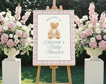 Pink Plaid Teddy Bear Baby Shower Welcome Sign, Classic Polo Preppy Bear Theme, Girl Baby Shower (Editable Template, Digital Download)