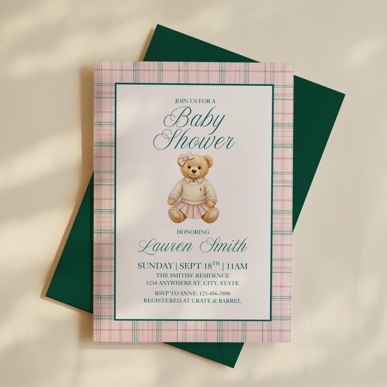 Pink Polo Inspired Teddy Bear Baby Shower Invite