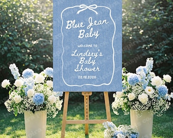 Blue Jean Baby Shower Welcome Sign, Denim Theme Boy Baby Shower Decor, Editable Canva Template, Digital Download, Printable Poster