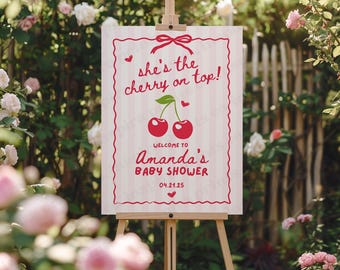 She's the Cherry on Top Baby Shower Welcome Sign, Red and Pink Cherry Theme Girl Baby Shower Welcome Sign, Editable Baby Shower Template