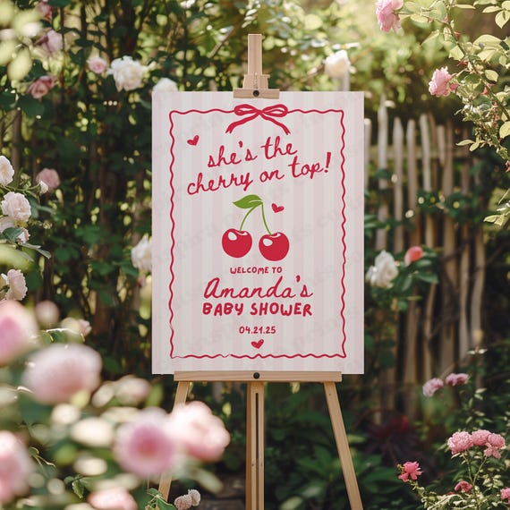 She's the Cherry on Top Baby Shower Welcome Sign, Red and Pink Cherry Theme Girl Baby Shower Welcome Sign, Editable Baby Shower Template