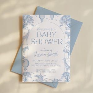 Blue Safari Baby Shower Invitation: Toile de Jouy, Editable Canva Template (Digital Download)
