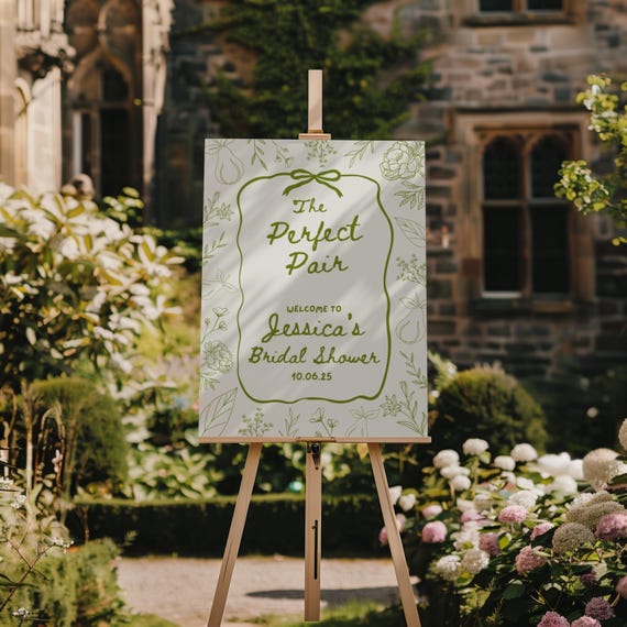 The Perfect Pair Bridal Shower Welcome Sign, A Perfect Pear Editable Welcome Sign, Green Pear Bridal Shower Theme, Canva Template