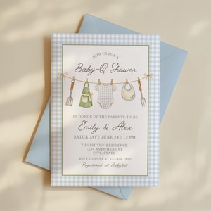 BabyQ Invite, Baby-Q Shower Invitation, Blue Gingham Backyard Baby Shower Invite, Couples Shower, Editable Canva Template, Digital Download