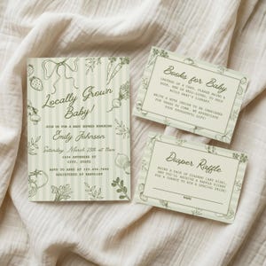 May include: Baby shower invitations and inserts with a green and white striped background and botanical illustrations. The invitation reads "Locally Grown Baby!" and includes details for the event. Inserts include "Books for Baby" and "Diaper Raffle".