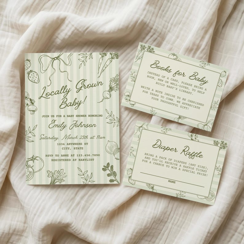 May include: Baby shower invitations and inserts with a green and white striped background and botanical illustrations. The invitation reads "Locally Grown Baby!" and includes details for the event. Inserts include "Books for Baby" and "Diaper Raffle".