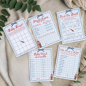 May include: A collection of baby shower game cards with a blue and white gingham border. The cards include games like Baby Bingo, Predictions, Find the Guest, Baby Word Scramble, and The Price is Right. Each card features a Coca-Cola bottle illustration.