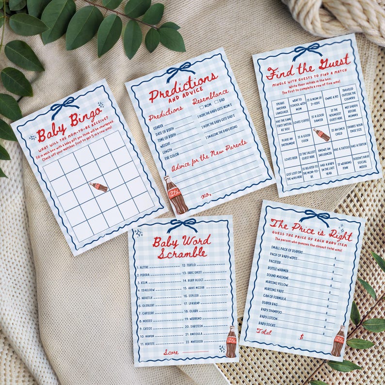 May include: A collection of baby shower game cards with a blue and white gingham border. The cards include games like Baby Bingo, Predictions, Find the Guest, Baby Word Scramble, and The Price is Right. Each card features a Coca-Cola bottle illustration.