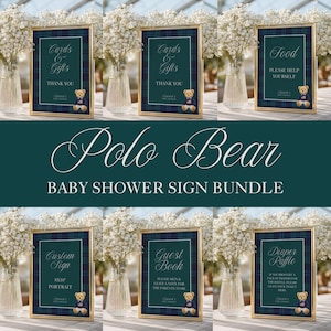 Paquete de letreros para baby shower de Polo Ralph Lauren: Tema clásico de oso a cuadros (Plantilla editable de Canva, descarga digital)