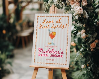Letrero de bienvenida para despedida de soltera "Amor al primer spritz", letrero de bienvenida para despedida de soltera con temática de Aperol Spritz, letrero de bienvenida para despedida de soltera "Último spritz", plantilla de Canva
