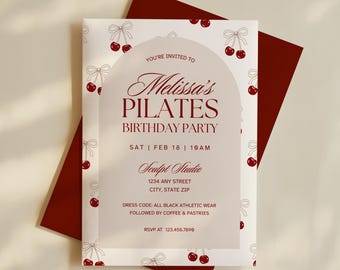 Pilates Birthday Party Invite, Burgundy Cherry Bows Theme, Editable Canva Template, Digital Download
