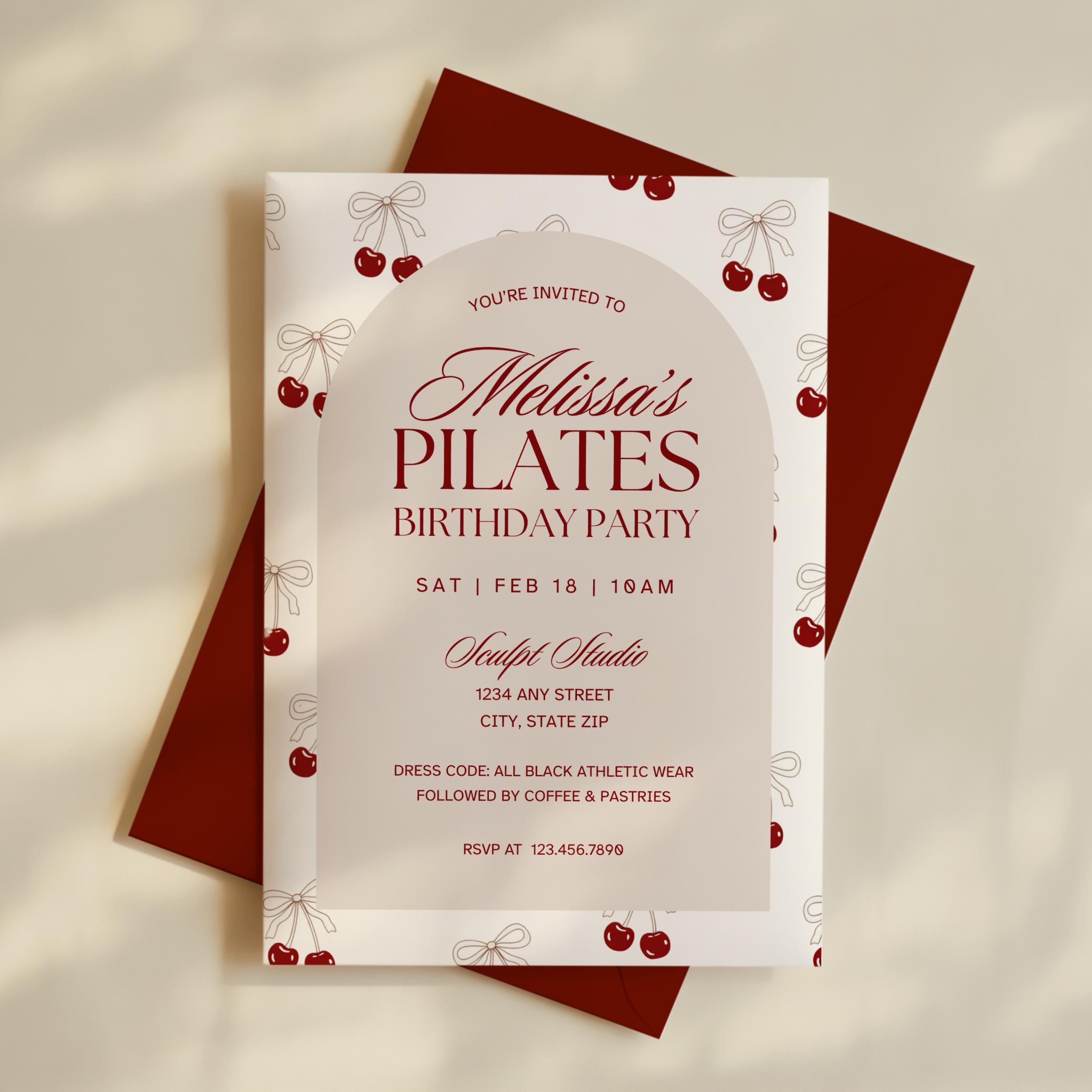 Pilates Birthday Party Invite, Burgundy Cherry Bows Theme, Editable Canva  Template, Digital Download - Etsy