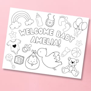 Baby Shower Coloring Page, Kids Custom Coloring Page, Printable Coloring Placemat, Baby Shower Game, Baby Shower Activity, Editable Template