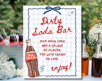 Dirty Soda Bar Sign: Blue Gingham Baby Shower Decor (Editable Canva Template, Digital Download)