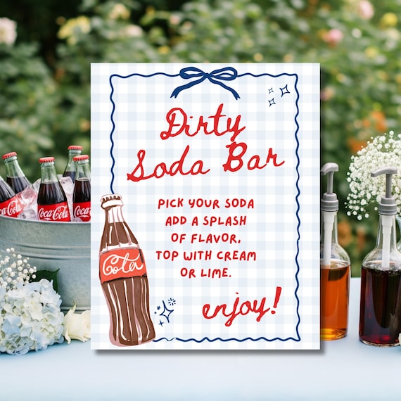 Dirty Soda Bar Sign: Blue Gingham Baby Shower Decor (Editable Canva Template, Digital Download)