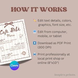 May include: A beige and white menu design with the text "Caf&eacute; B&eacute;b&eacute; Menu" and coffee options. The image also includes instructions on how to edit and print the menu, with the Canva logo in the bottom left corner.