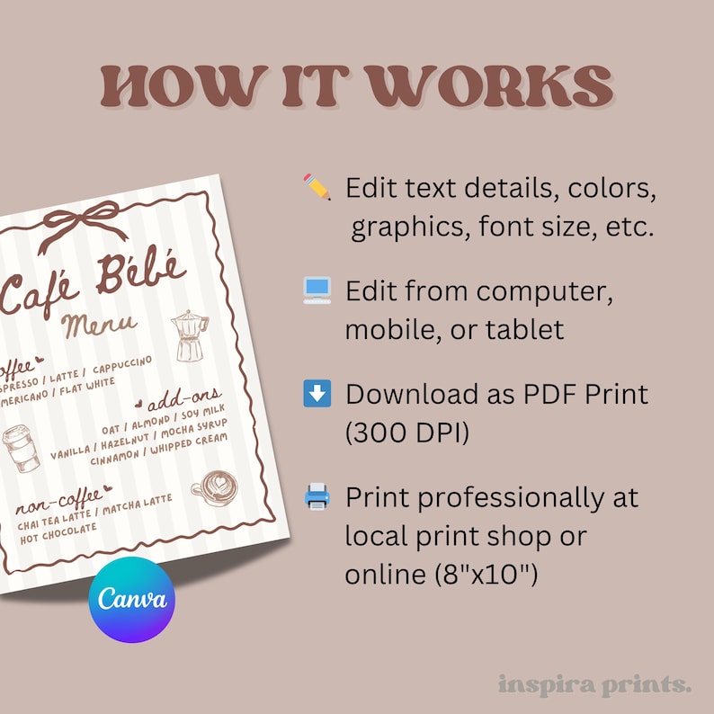 May include: A beige and white menu design with the text "Caf&eacute; B&eacute;b&eacute; Menu" and coffee options. The image also includes instructions on how to edit and print the menu, with the Canva logo in the bottom left corner.