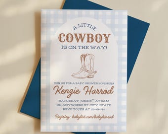 Een kleine cowboy is onderweg babyshower uitnodiging, western cowboy baby boy shower thema-uitnodiging, bewerkbare canvassjabloon, digitale download