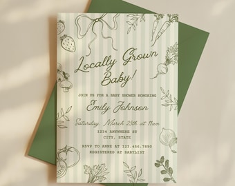 Locally Grown Baby Shower Invite, Farmer's Market Theme Gender Neutral Baby Shower Invitation, Editable Canva Template, Digital Download