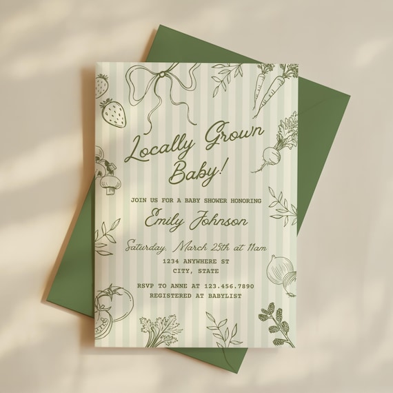 Locally Grown Baby Shower Invite, Farmer's Market Theme Gender Neutral Baby Shower Invitation, Editable Canva Template, Digital Download