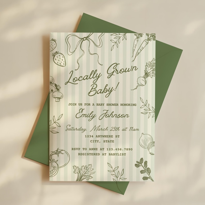 May include: A baby shower invitation with a green envelope. The invitation has a striped background with illustrations of vegetables and the text "Locally Grown Baby!" It includes details for Emily Johnson's baby shower.