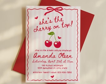 She's the Cherry on Top Baby Shower Invite, Cherry Theme Girl Baby Shower Invitation, Editable Baby Shower Invite Canva Template