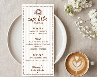 Coffee Baby Shower Food Menu: A Baby is Brewing, Cafe Bebe Theme (Editable Canva Template, Digital Download)