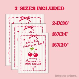 May include: Printable baby shower sign with a pink and white striped background. The sign features a red cherry with the text "She's the cherry on top!" and the words "Welcome to Amanda's Baby Shower 04.21.25". The sign is available in three sizes: 61x91 cm, 46x61 cm, and 41x51 cm.
