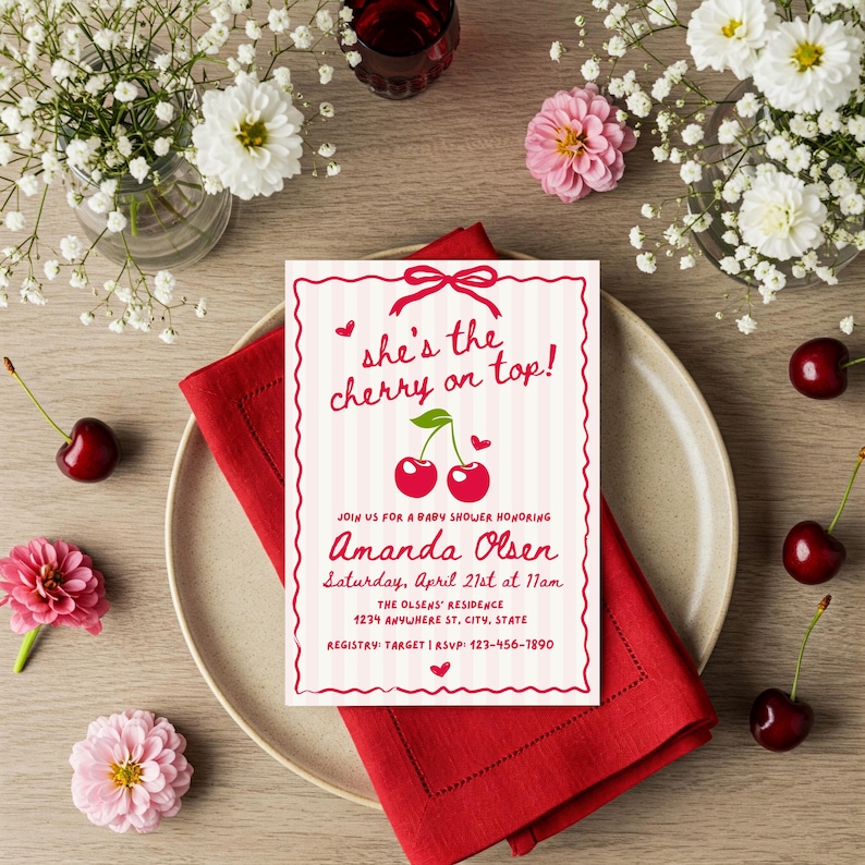 she is the cherry on top baby shower invite editable template