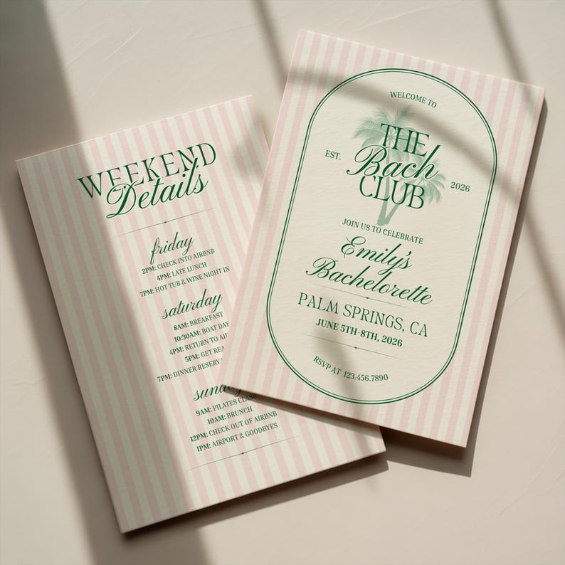 The Bach Club Bachelorette Invitation and Weekend Itinerary, Italian Summer Beach Theme Invite, Editable Canva Template, Digital Download
