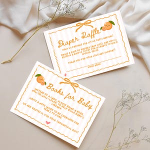 Kleine schatje babyshower luierloterij en babyboeken voor babykaarten, oranje babyshower, schatje onderweg clementine babyshower themasjabloon