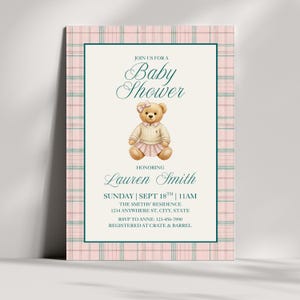 Polo Ralph Lauren Girl Baby Shower Invite: Pink and Green Plaid